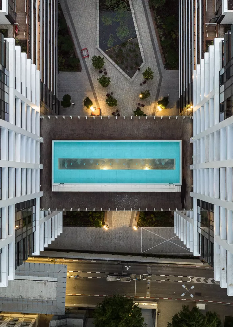 Transparent bottom view connecting two skyscrapers